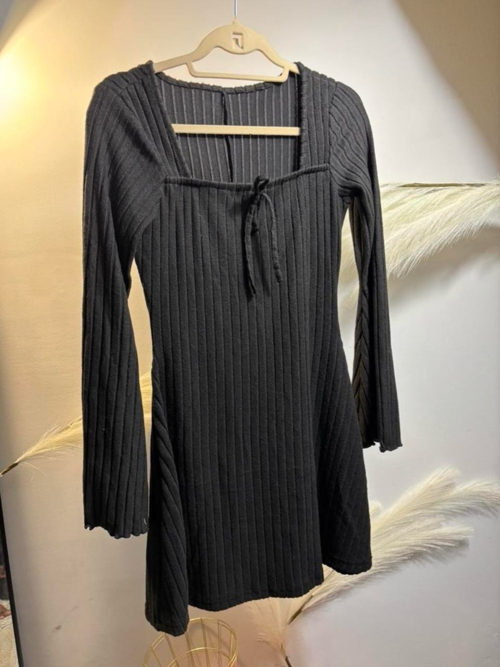 (#58) Black Ribbed Long-Sleeve Knit Dress